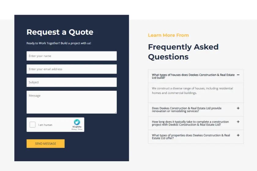 A sreenshot from the website of Deekes Construction showing the contact form and FAQ sections