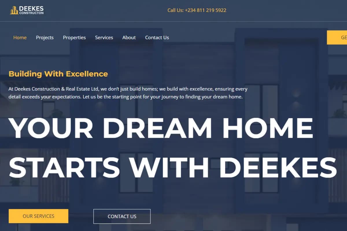A sreenshot from the website of Deekes Construction showing the navbar and hero section