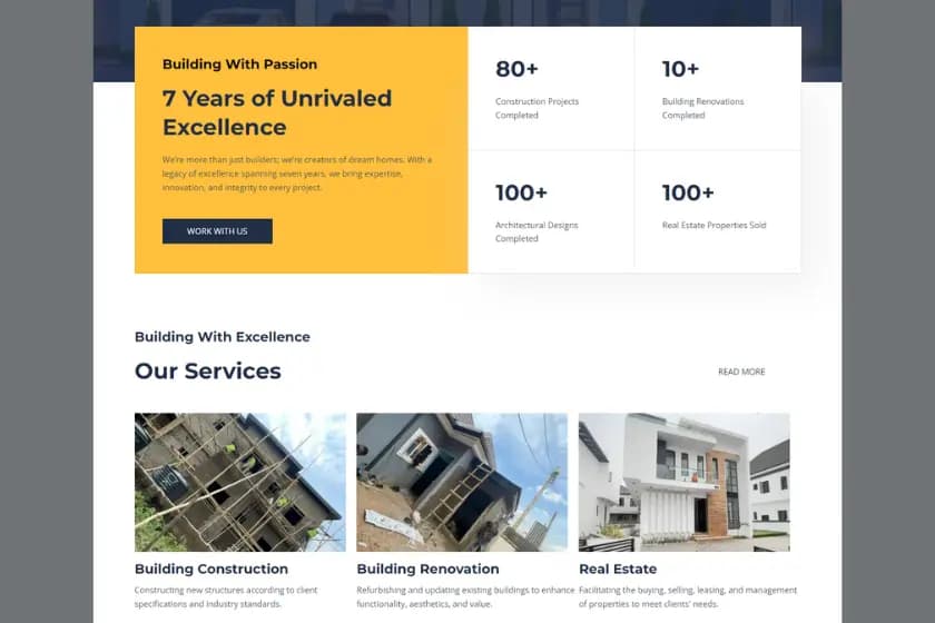 A sreenshot from the website of Deekes Construction showing parts of the company statistics and services sections of the home page 