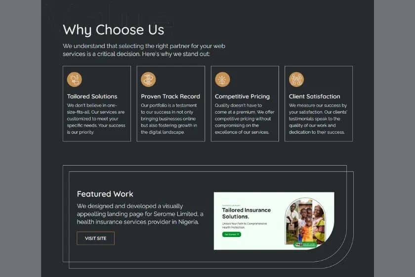 A sreenshot from the website of Jobeny Resources showing parts of the Why Choose Us and Features Work sections of the home page