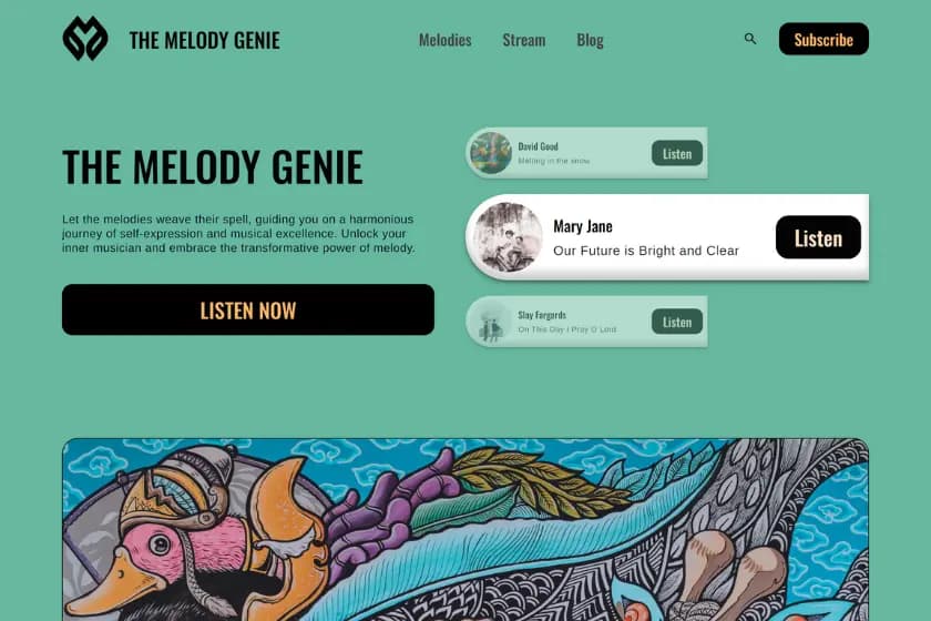 Homepage screenshot of the Melody Genie website