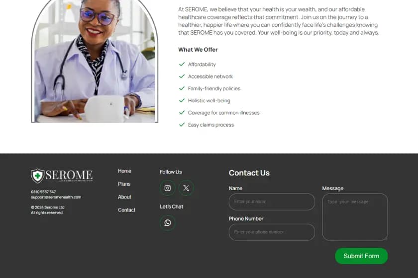 A sreenshot from the website of Serome Health showing parts of the About and Footer sections