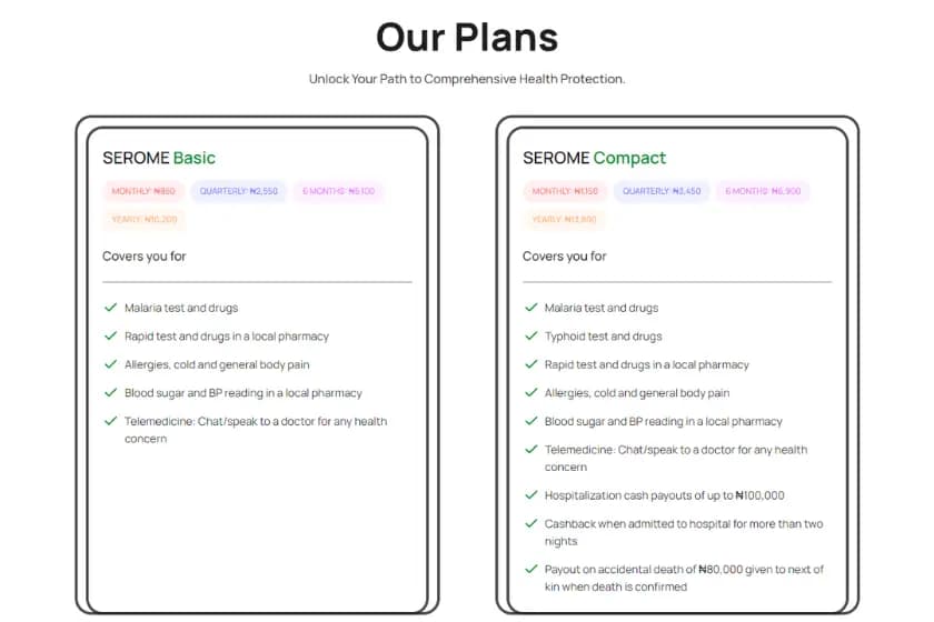 A sreenshot from the website of Serome Health showing the company's health insurance plans